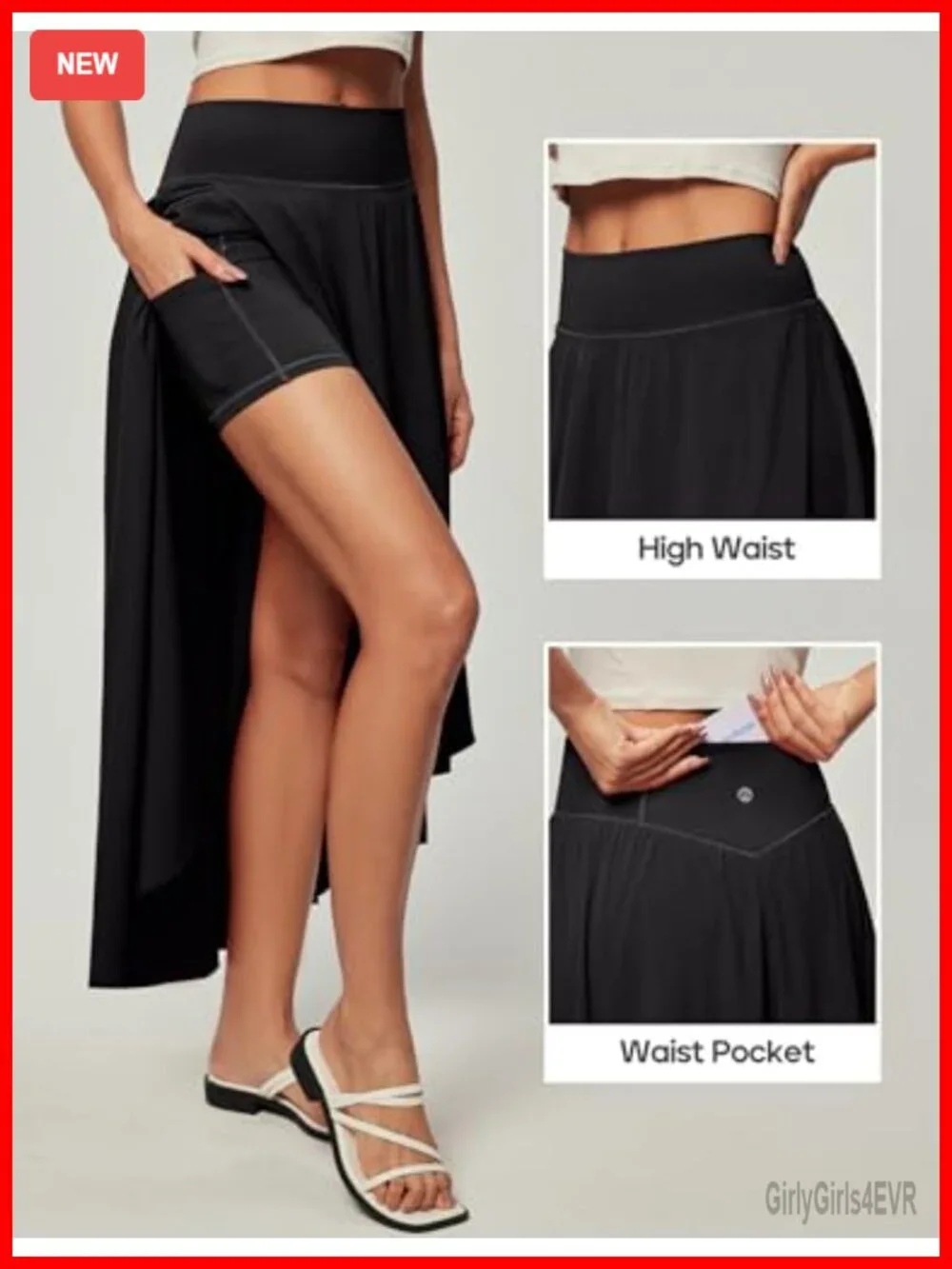 High Waist Wrap Maxi Skirt with Built-in Shorts High Low Ruffle Hem